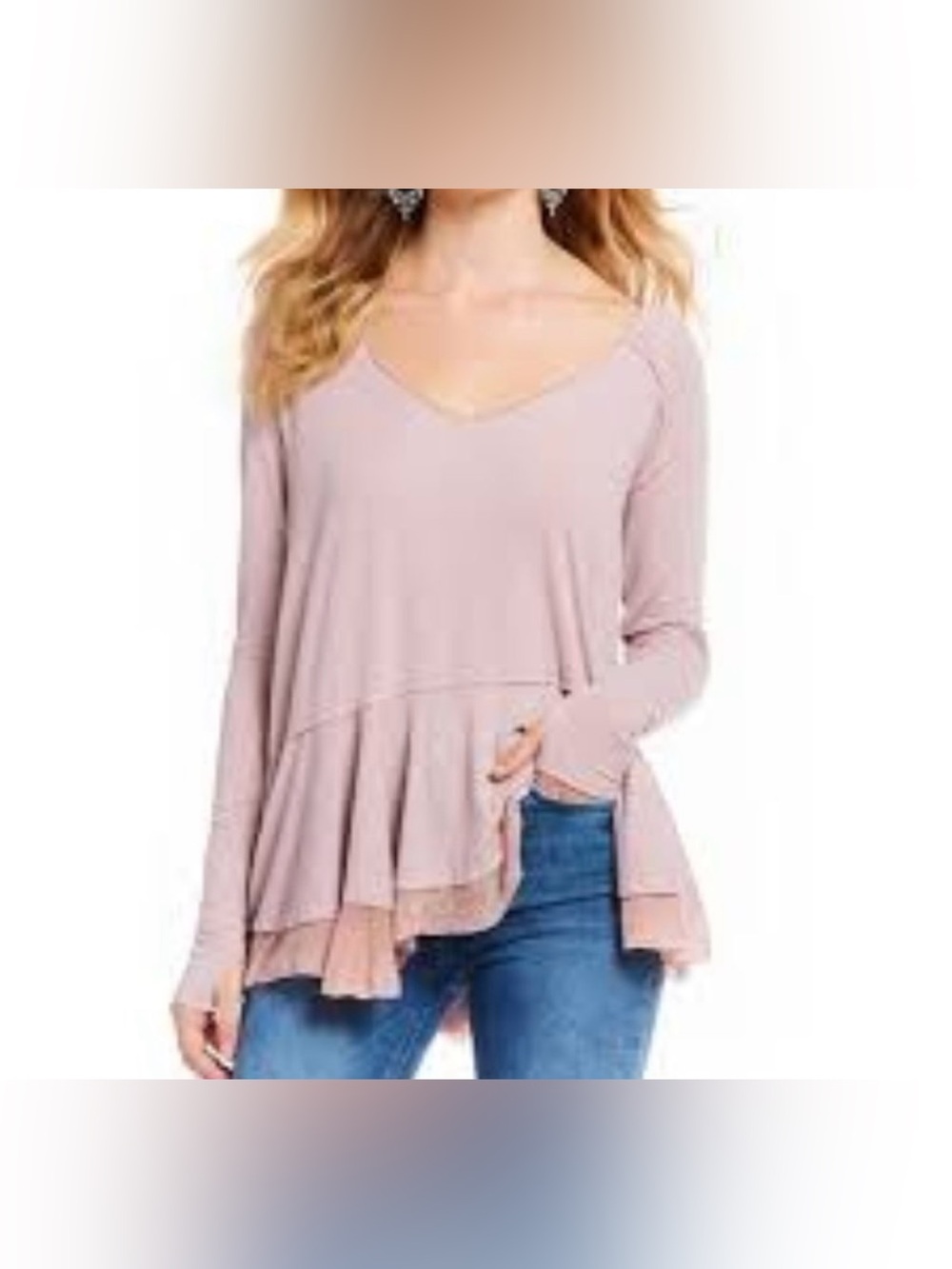 We The Free Dusty Lavender Layered Ruffle Hem V-Neck Long Sleeve Tunic - Size M